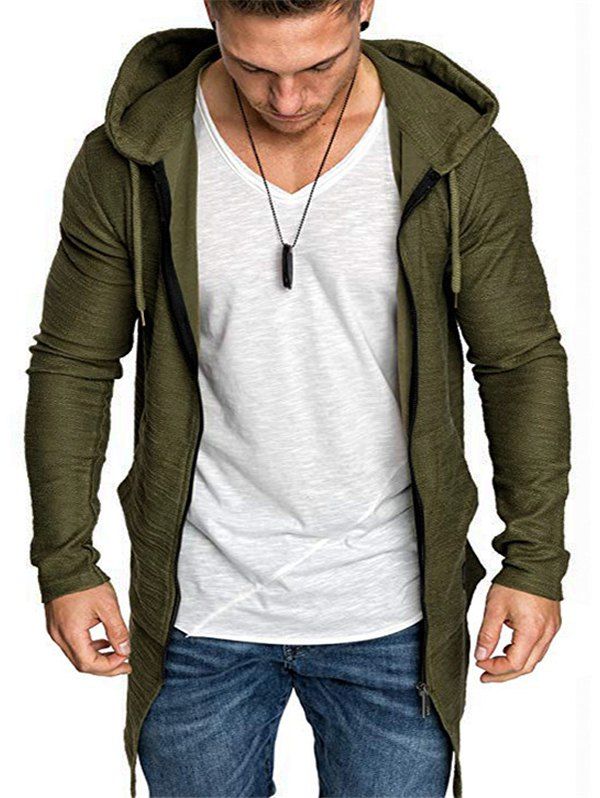 

Solid Color Slit Curved Hem Zippered Hoodie, Army green