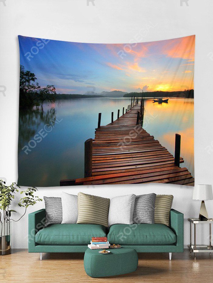 

Bridge Sky Lake Landscape 3D Print Wall Tapestry, Baby blue