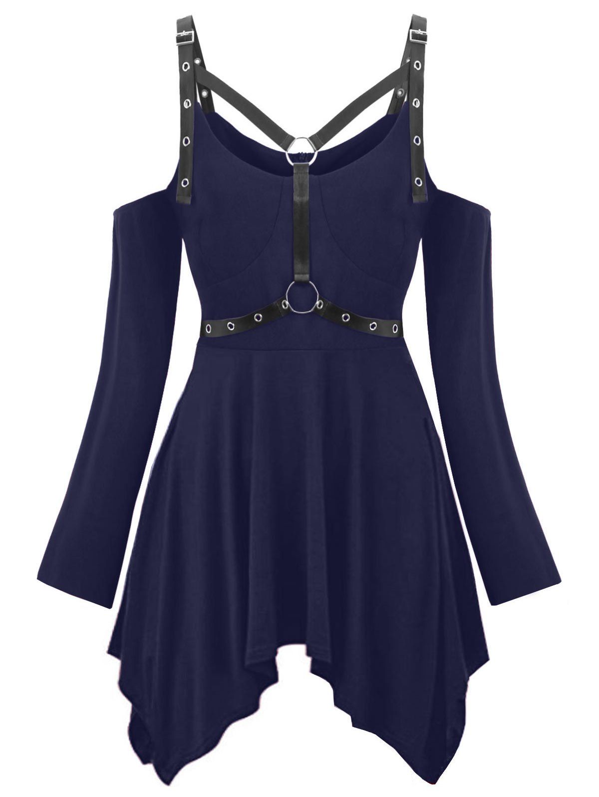 

Plus Size Halloween Cold Shoulder Harness Gothic T-shirt, Dark slate blue