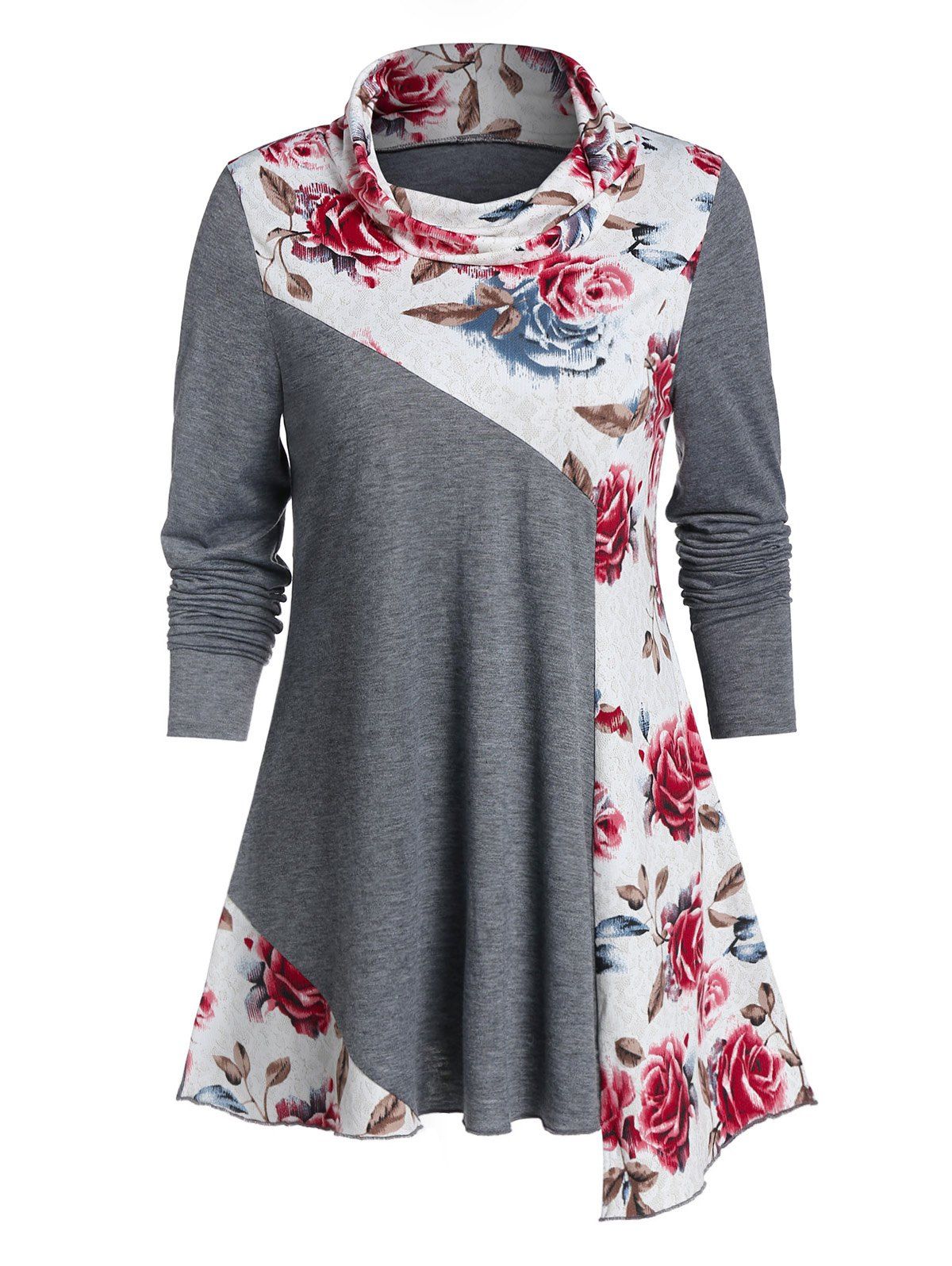 

Cowl Neck Flower Print Long Sleeve Tunic Tee, Multi-a