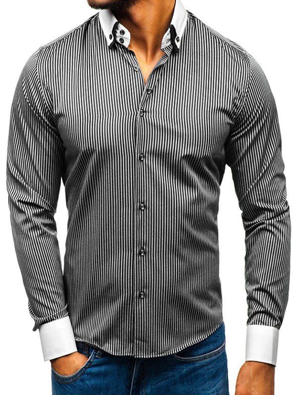 

Striped Pattern Button Up Long-sleeved Shirt, Black