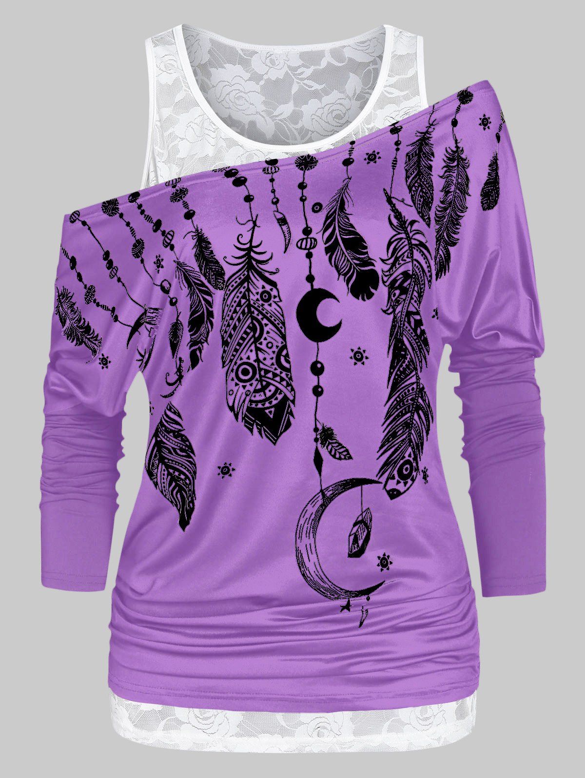

Feather Print Ruched T Shirt with Solid Tank Top, Heliotrope purple