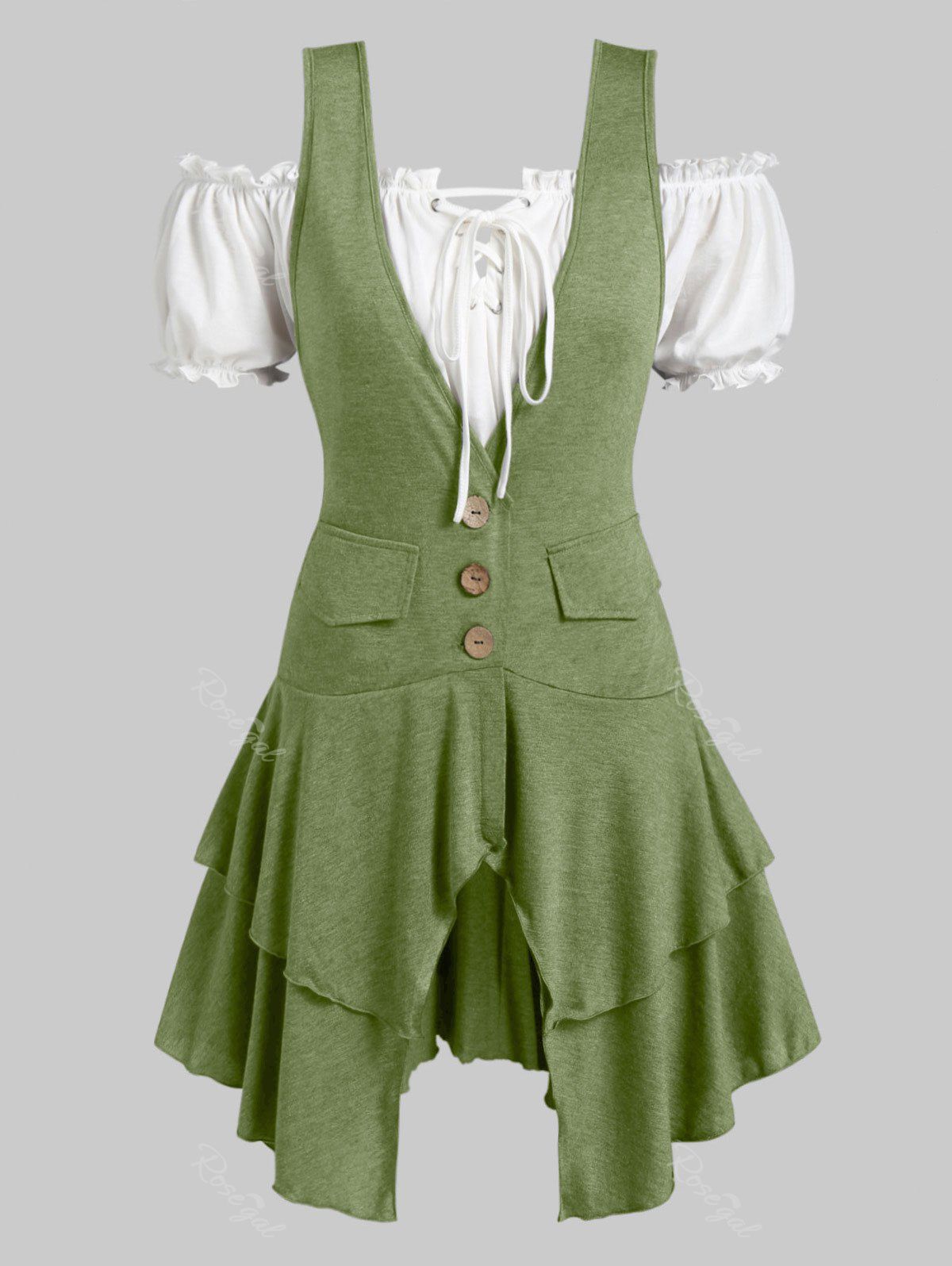 

Plus Size Off Shoulder Peplum Blouse And Asymmetrical Layered Tank Top, Dark sea green