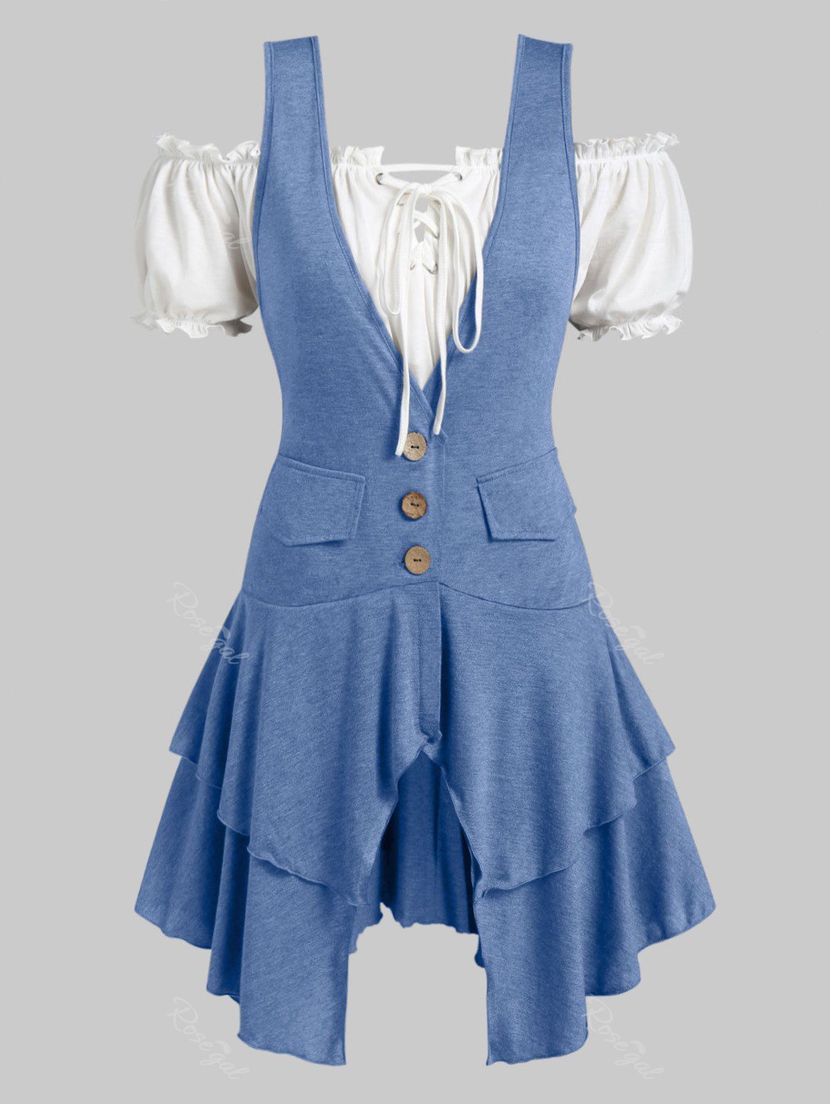 

Plus Size Off Shoulder Peplum Blouse And Asymmetrical Layered Tank Top, Denim blue