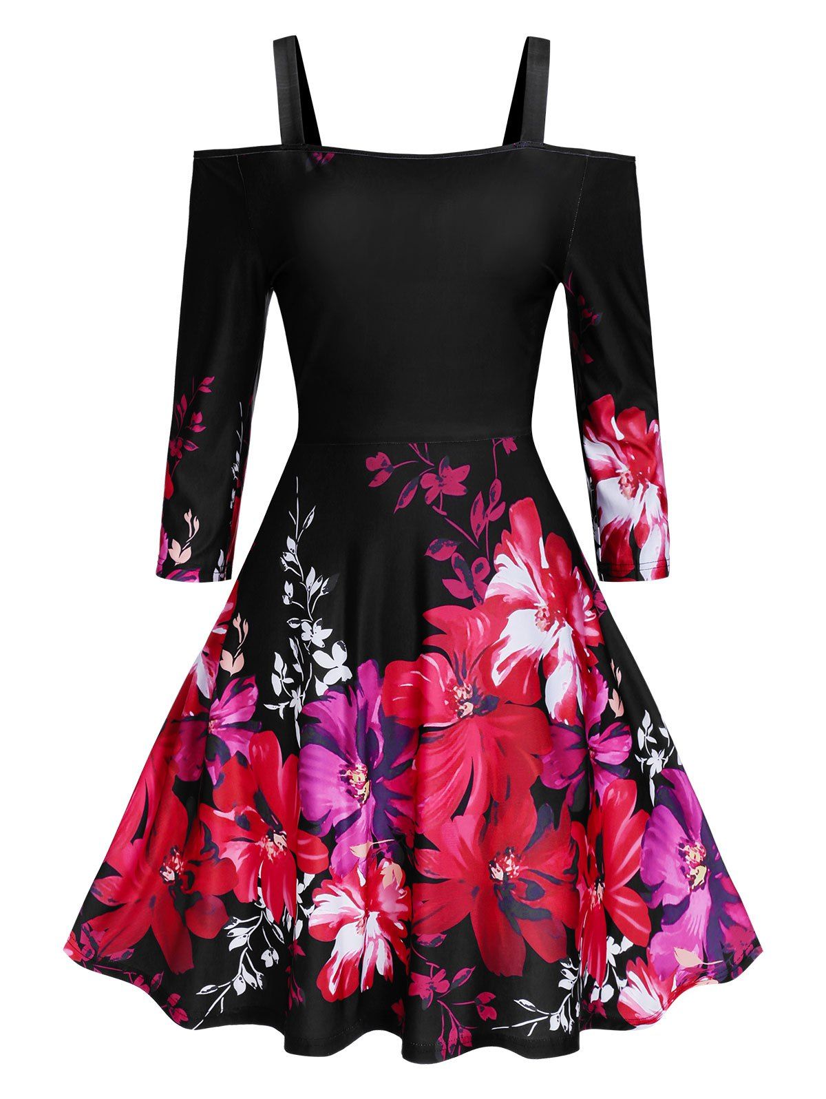 

Square Neck Open Shoulder Floral Print Dress, Black