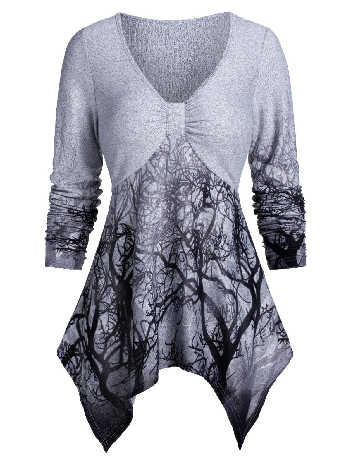 

V Neck Tree Print Asymmetric T Shirt, Dark gray