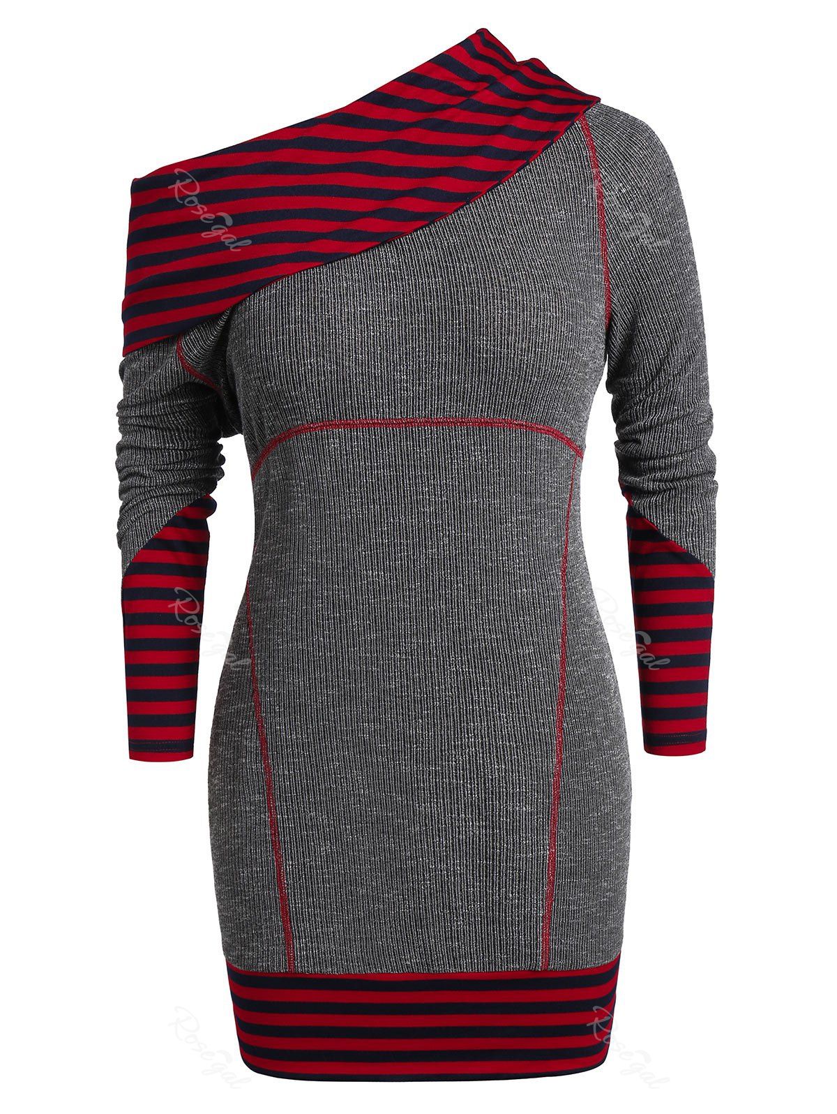 

Plus Size Stripe Skew Neck Mini Knitted Dress, Dark gray