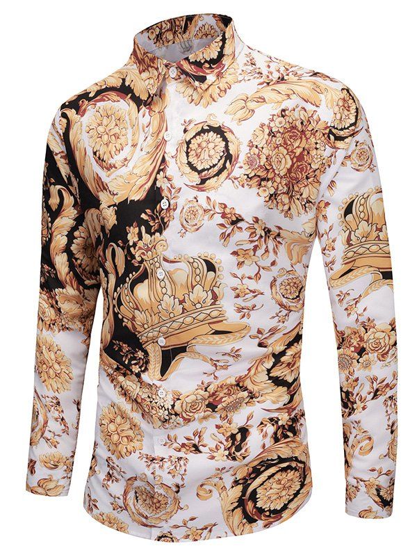 

Crown Flower Print Long Sleeves Shirt, Gold