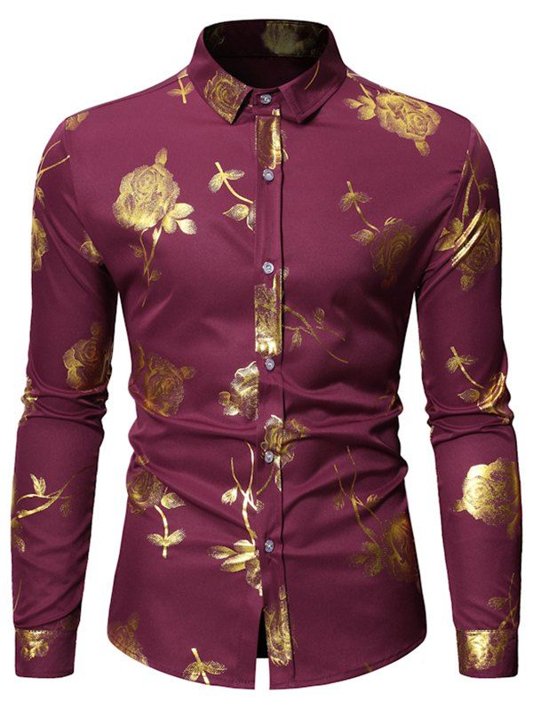 

Floral Gilding Print Long-sleeved Shirt, Red wine
