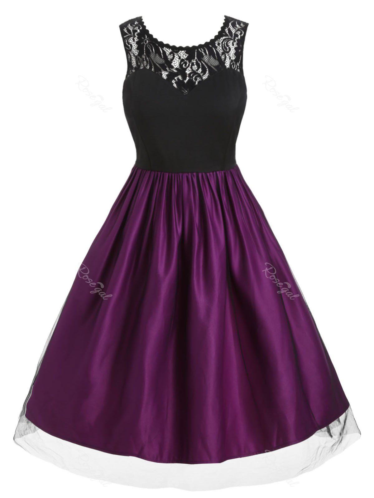 

Plus Size Mesh Overlay Lace Yoke Vintage Dress, Purple iris