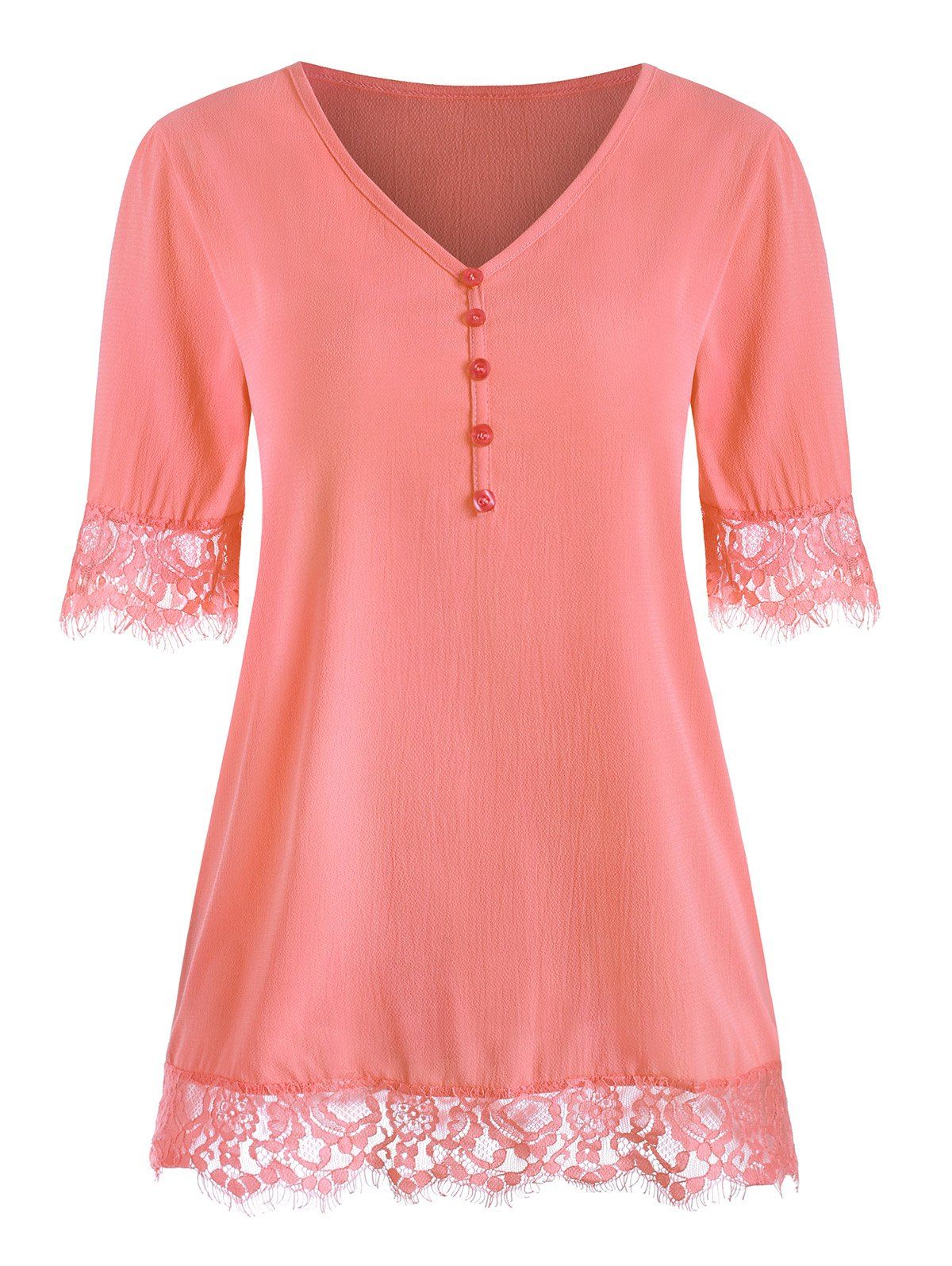 

Eyelash Lace Panel Buttons Short Sleeves Blouse, Living coral