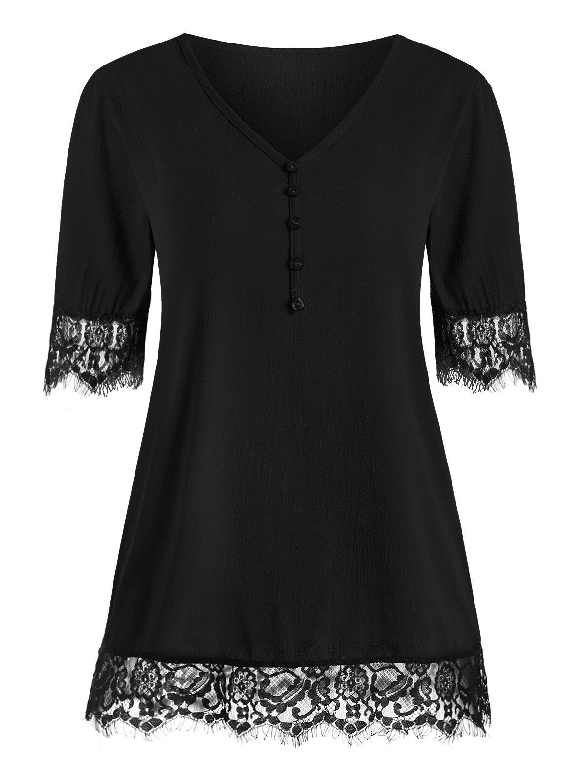 

Eyelash Lace Panel Buttons Short Sleeves Blouse, Black