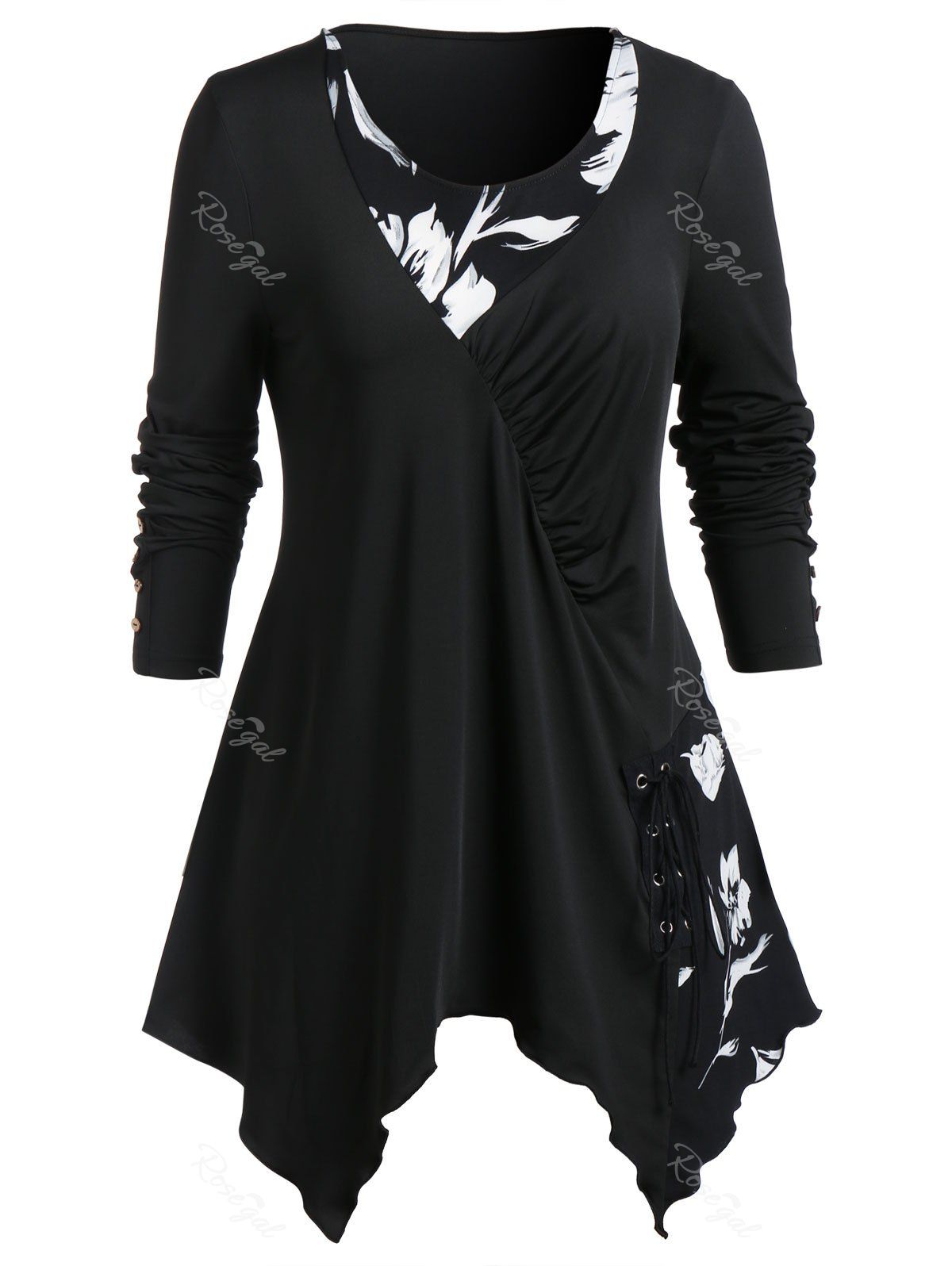 

Plus Size Long Sleeve Asymmetric Floral Print T Shirt, Black