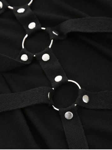 

Harness Faux Leather Insert Rivet Embellished Half Zip T-shirt, Black