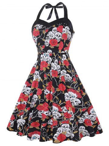 

Halloween Skull Shirred Halter Dress, Multi