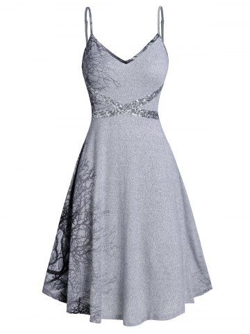 Spaghetti Strap Tree Print Sequined Dress