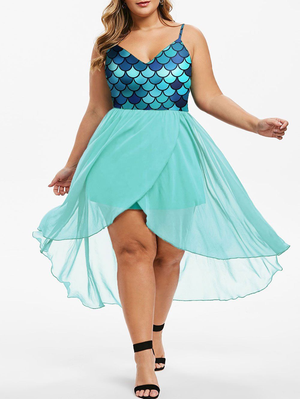 

Overlap High Low Mermaid Scales Plus Size Dress, Green