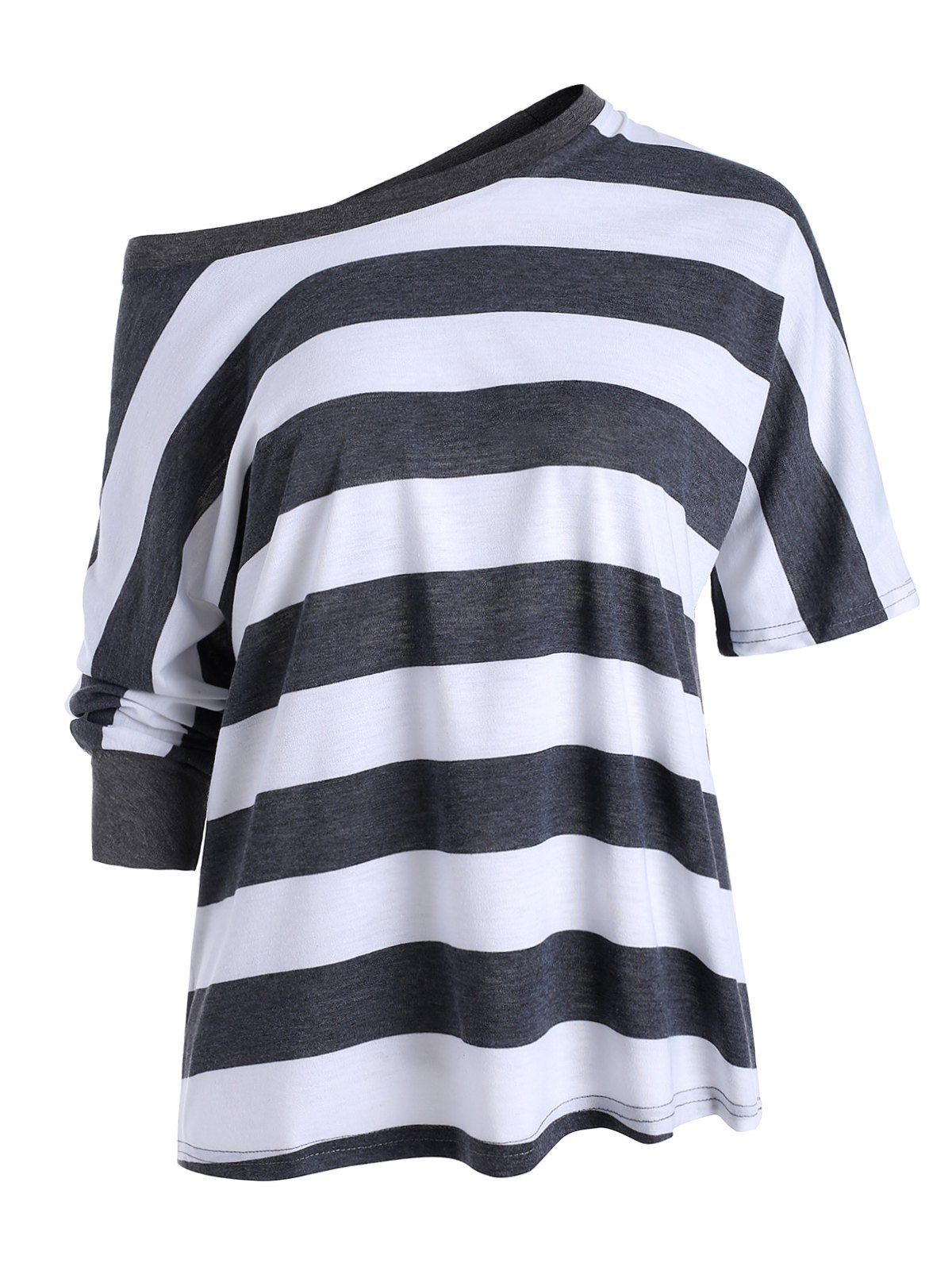

Contrast Striped Three Quarter Sleeves Loose Tee, Gray
