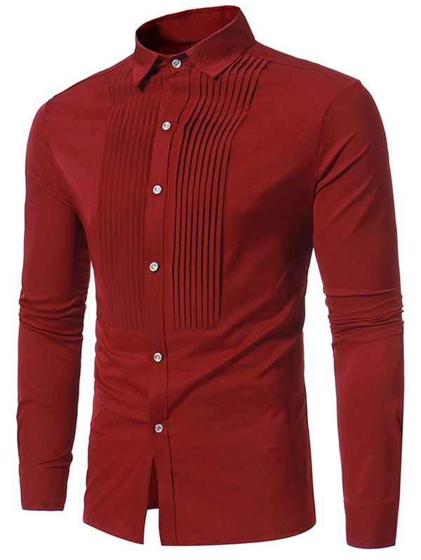 

Solid Color Button Down Long-sleeved Shirt, Red wine