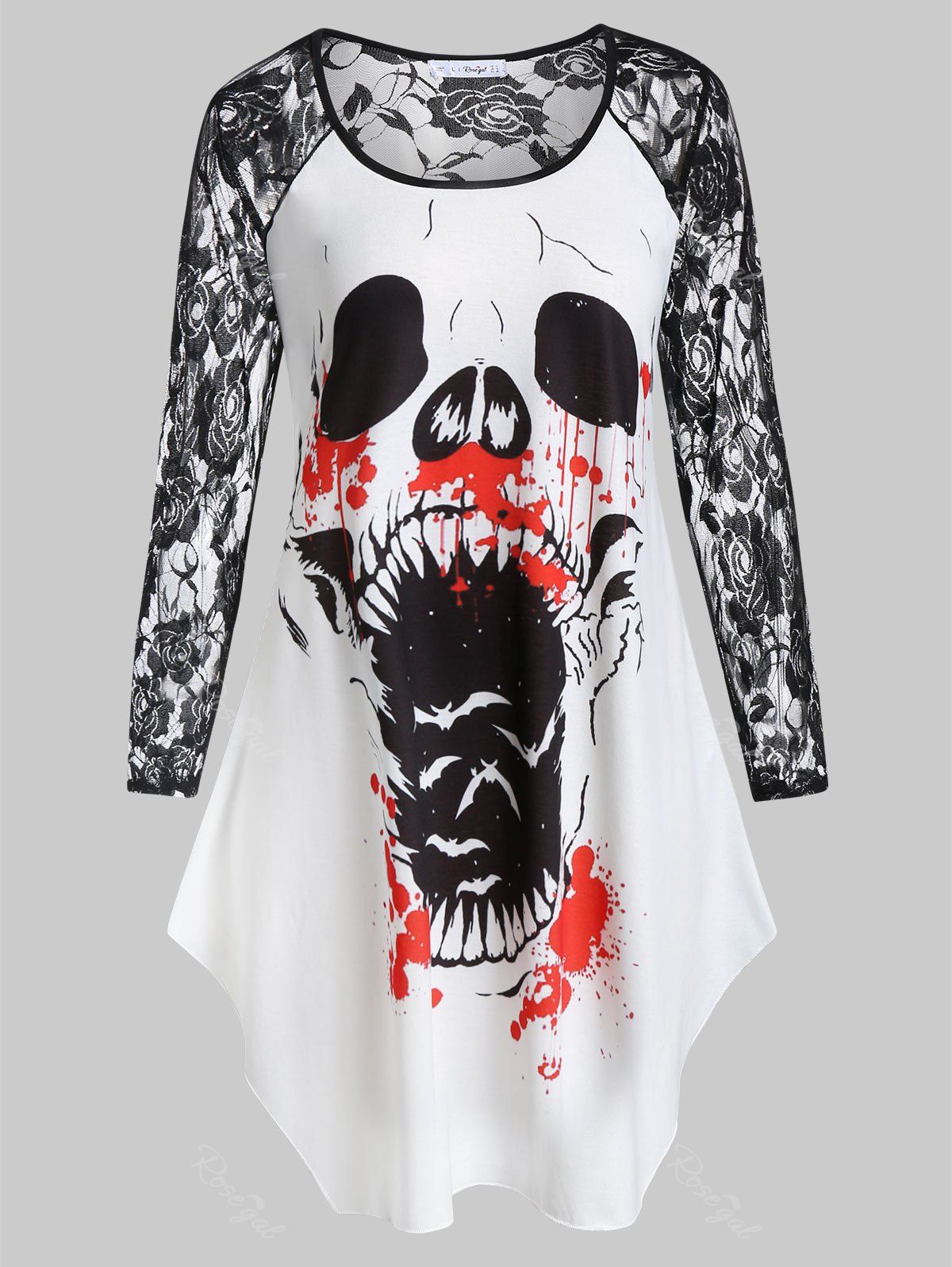 

Plus Size Printed Lace Insert Halloween T-shirt, White