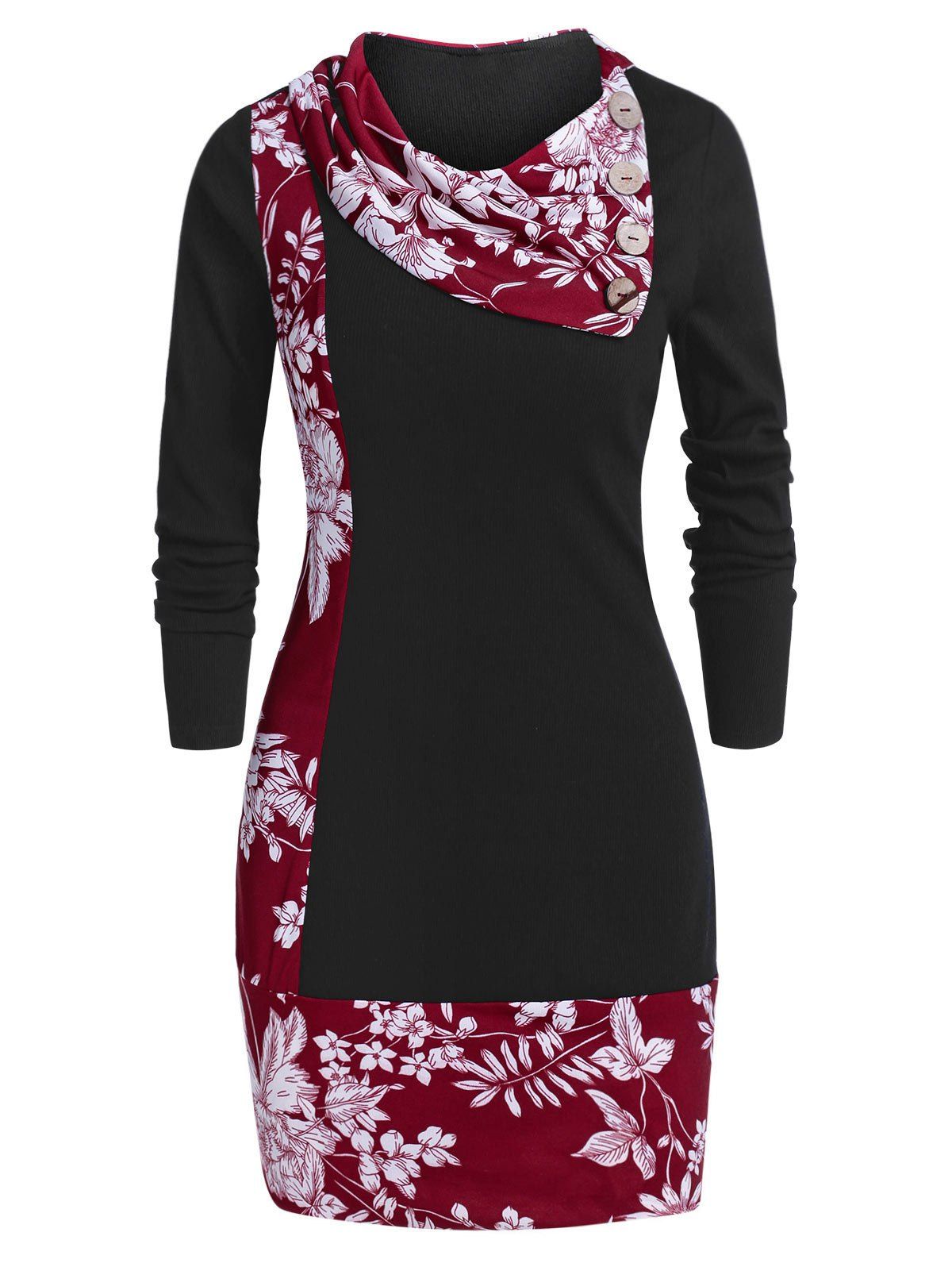

Cowl Neck Button Ditsy Print T Shirt, Red wine