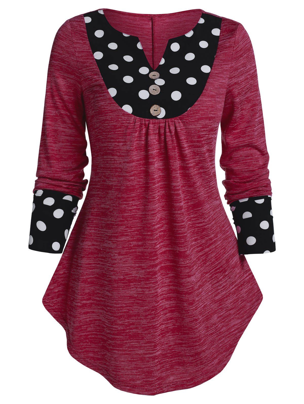 

Long Sleeve Polka Dot Panel Button T Shirt, Rose red