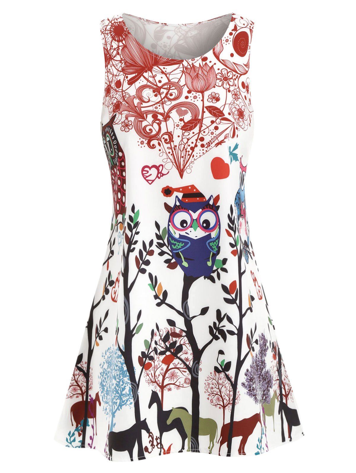 

Owls Trees Print Mini Trapeze Dress, White