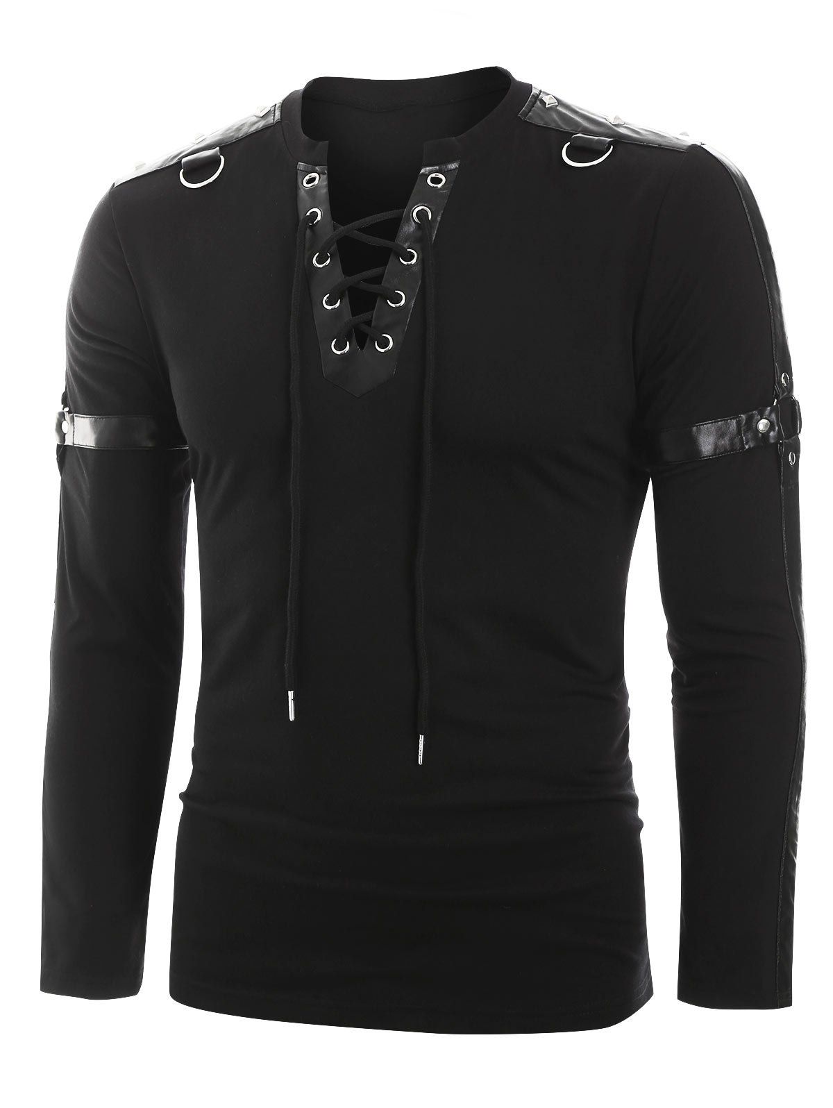 

Faux Leather Harness Insert Long Sleeve Lace-up T-shirt, Black