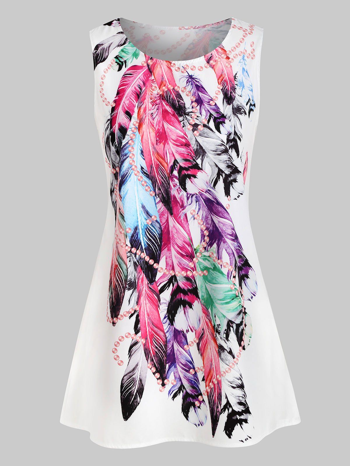 

Feather Print Round Neck Mini Trapeze Dress, Multi-c