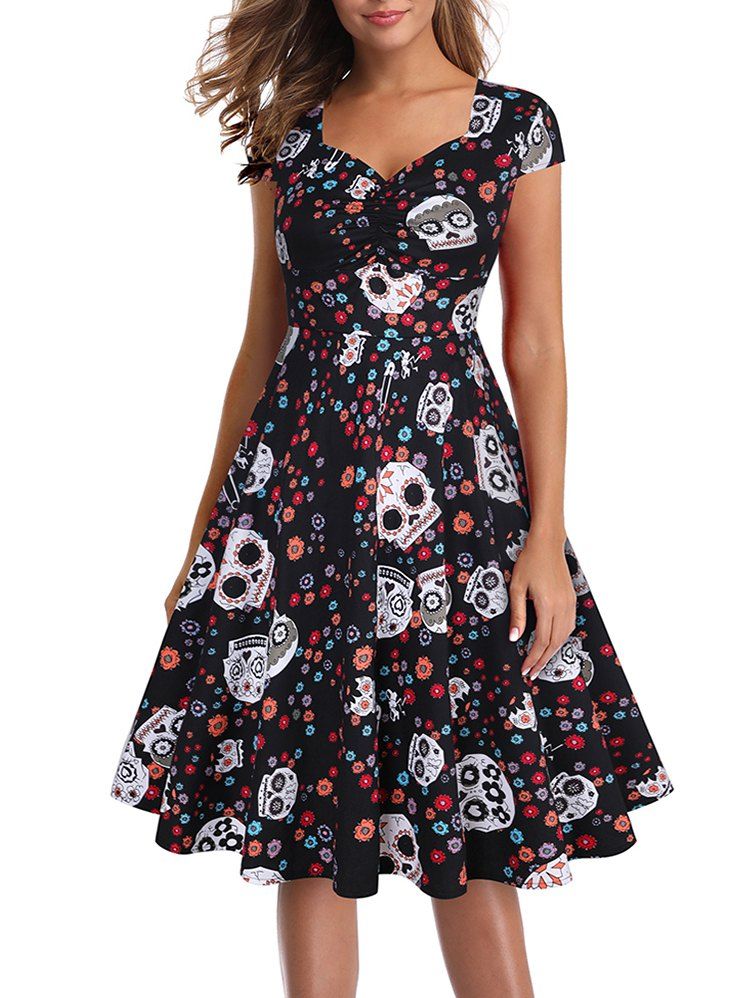 

Halloween Skull Ruched Party Dress, Multi