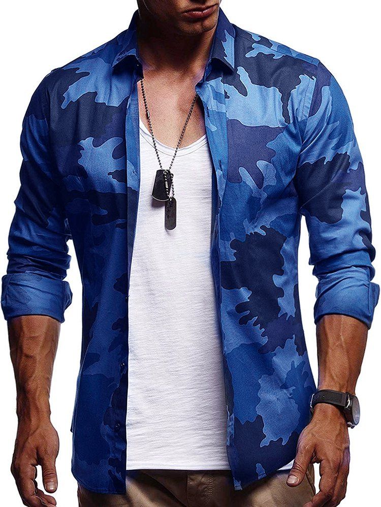 

Camouflage Print Casual Long Sleeve Shirt, Blue