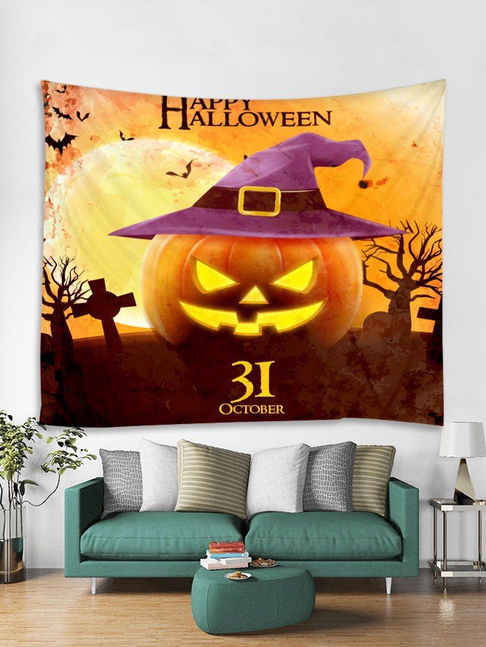 

Halloween Night Pumpkin Print Tapestry Wall Hanging Art Decoration, Papaya orange