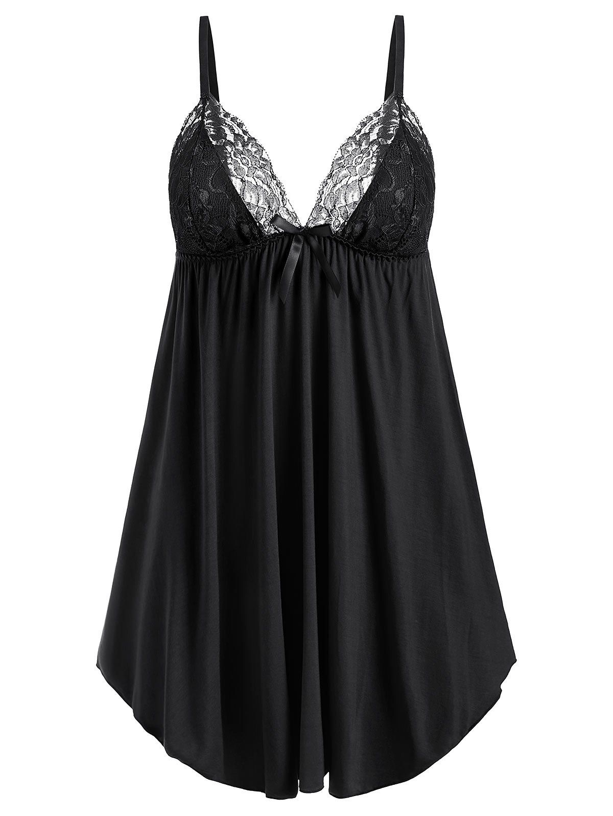 

Lace Panel Empire Waist Babydoll Set, Black