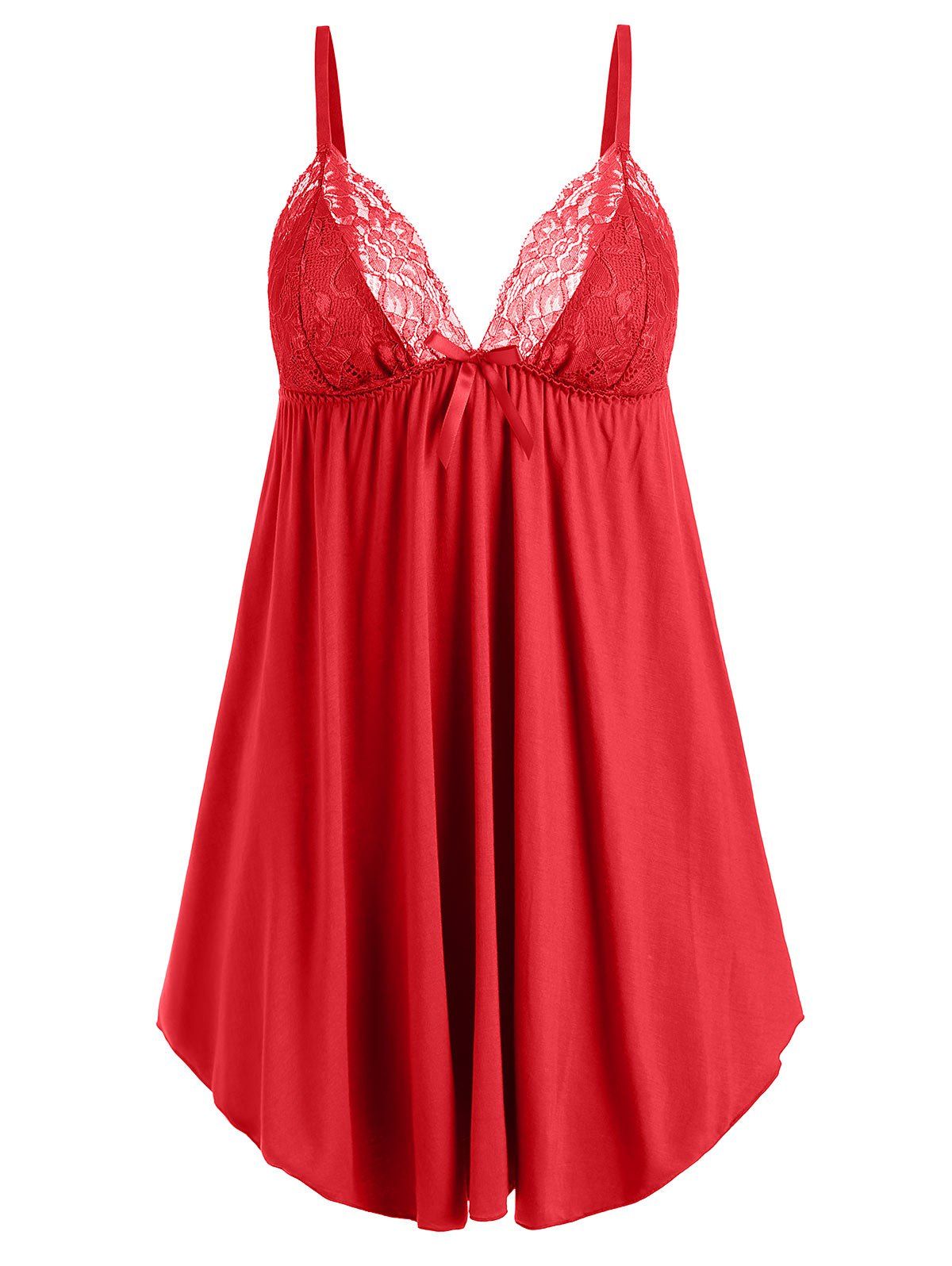 

Lace Panel Empire Waist Babydoll Set, Lava red