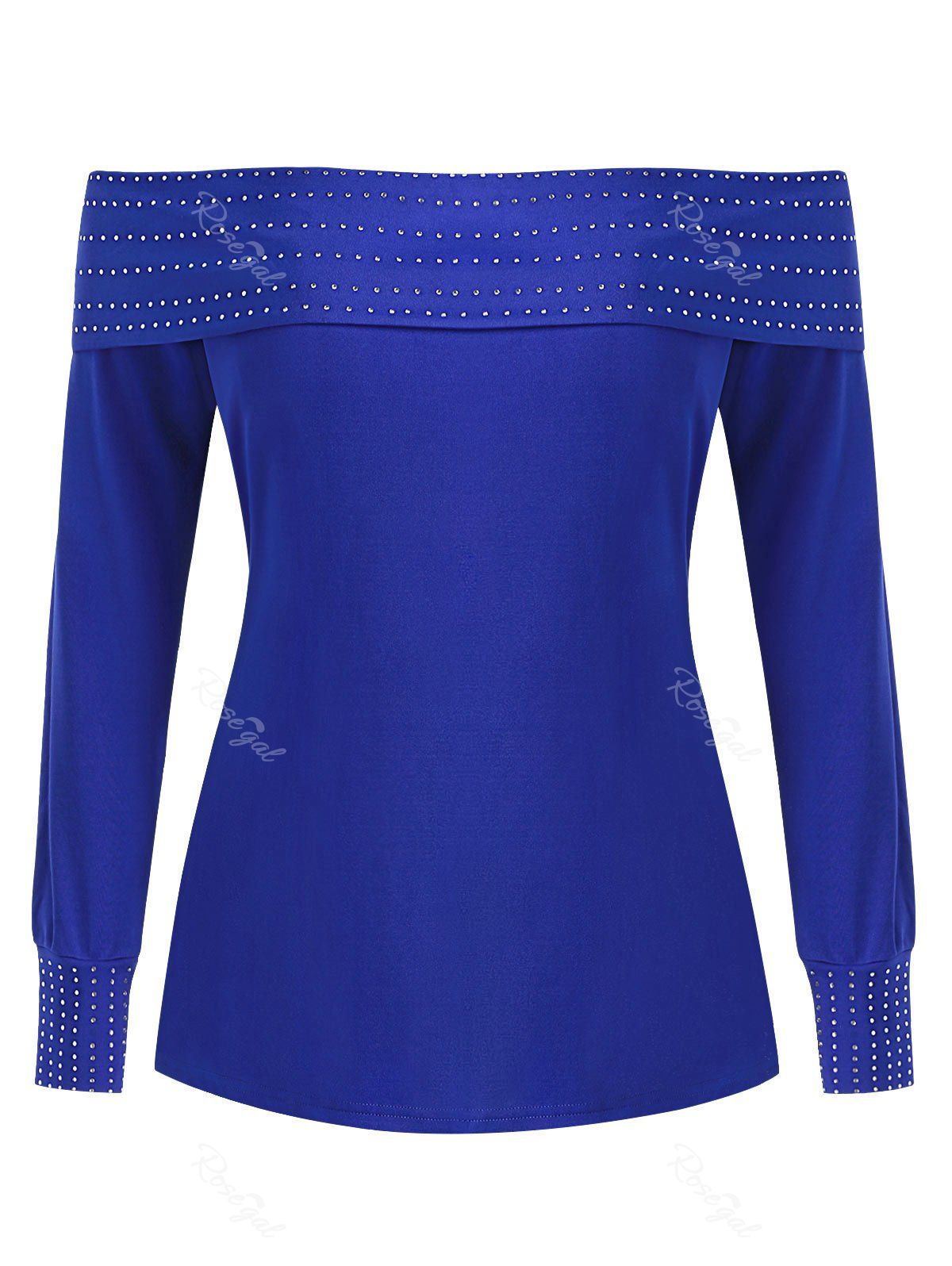 

Plus Size Off The Shoulder Rhinestone T-shirt, Blueberry blue