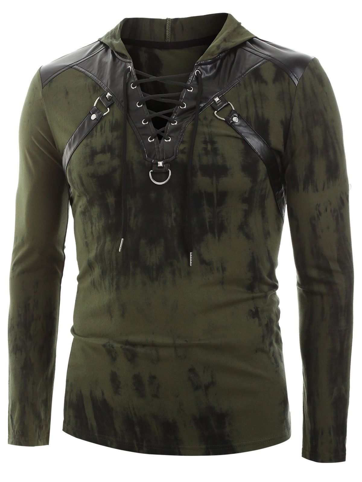 

Tie Dye Print Lace-up Faux Leather Insert Hoodie, Army green