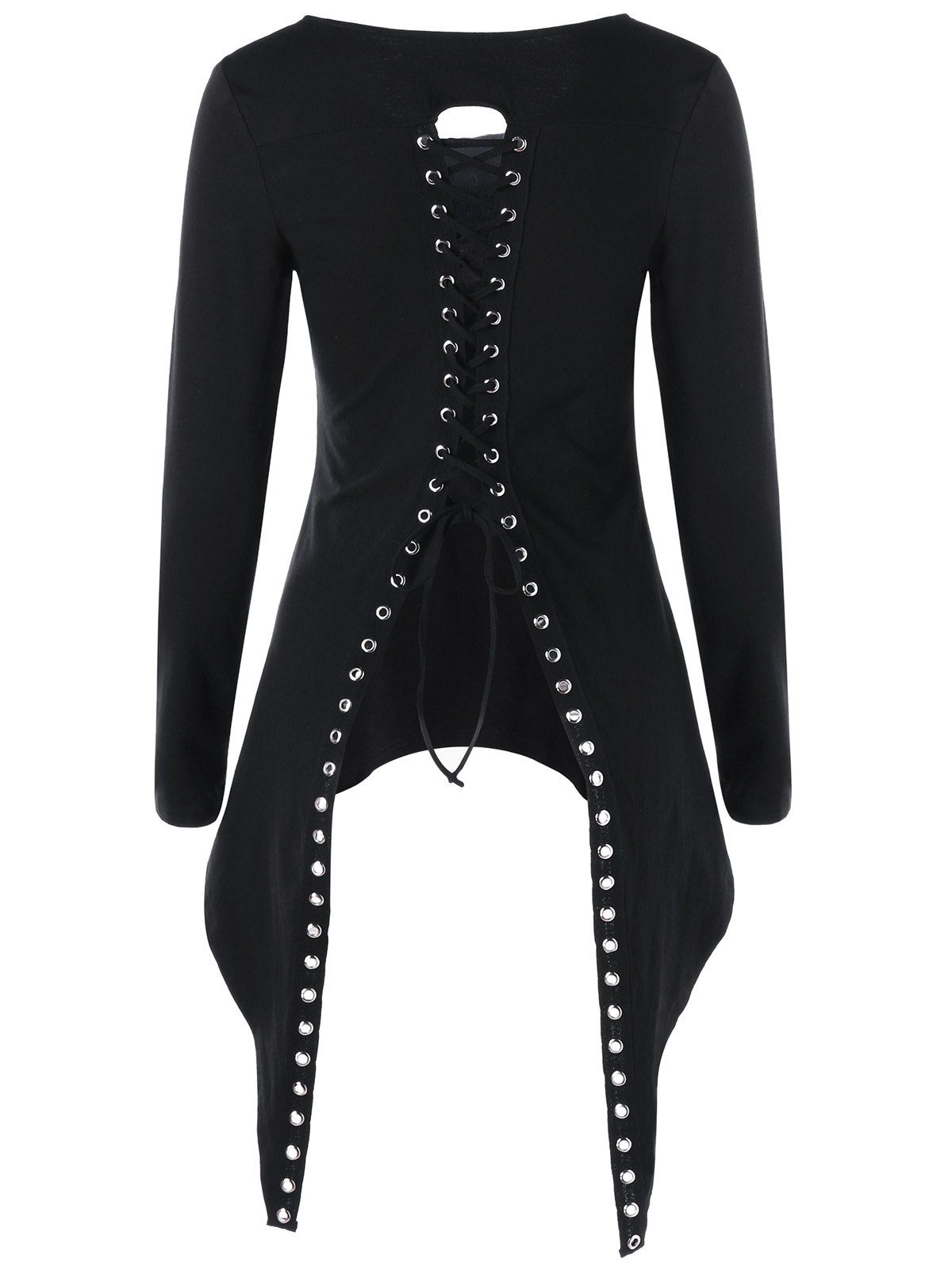 

Back Lace-up Long Sleeve High Low Top, Black