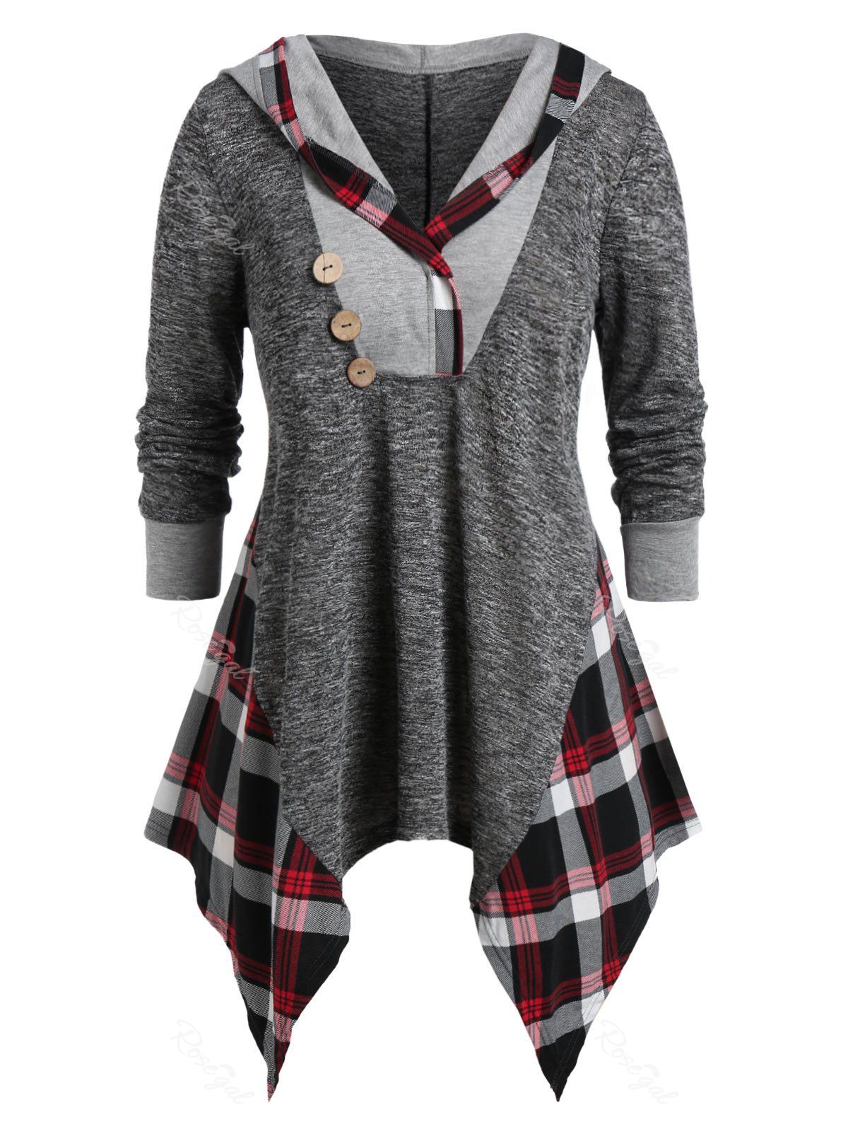 

Plus Size Hooded Handkerchief Plaid Marled Tunic Tee, Multi