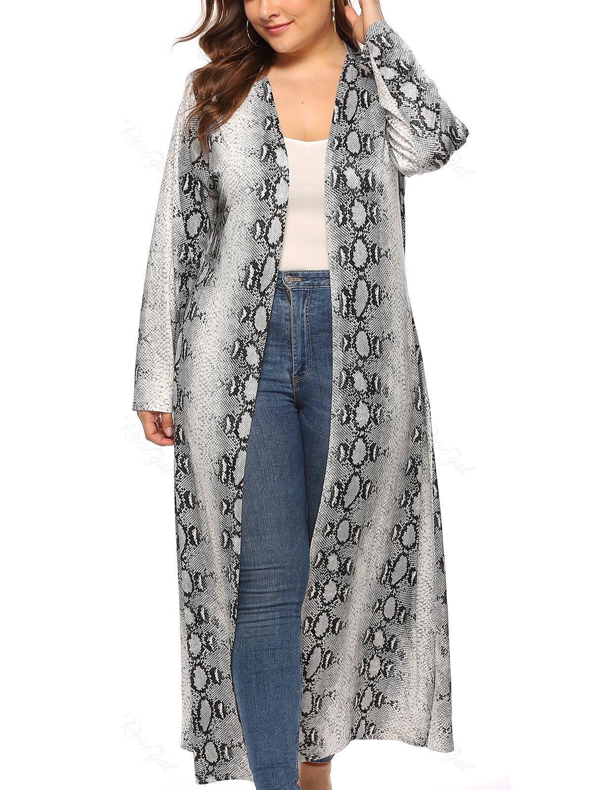 

Plus Size Snakeskin Open Front Maxi Coat, Multi-a