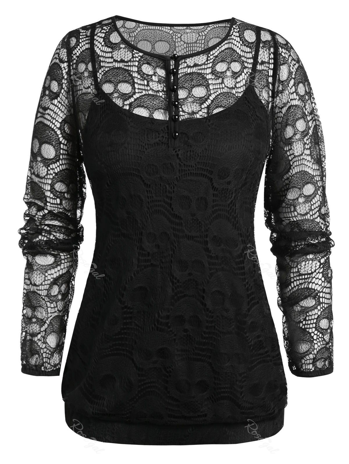 

Plus Size Skull Lace Blouse And Cami Gothic Halloween Set, Jet black