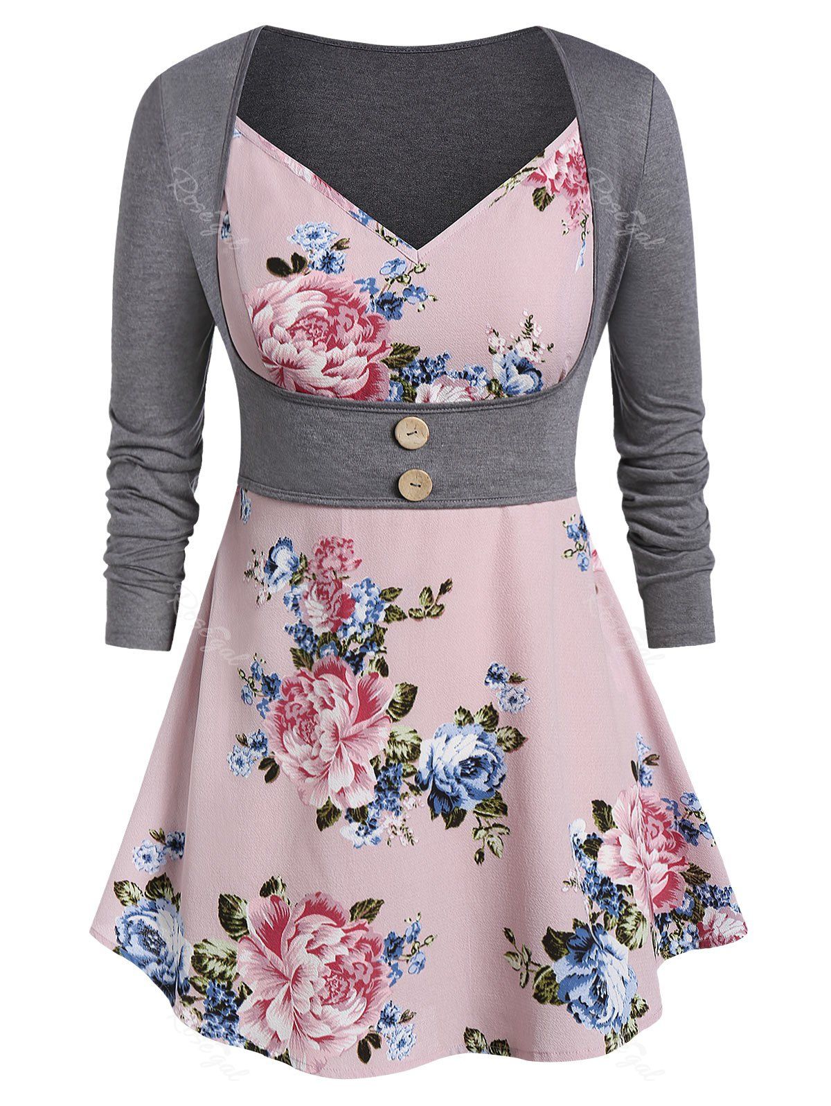 

Plus Size Floral Print Button Sweetheart Collar T Shirt, Rose