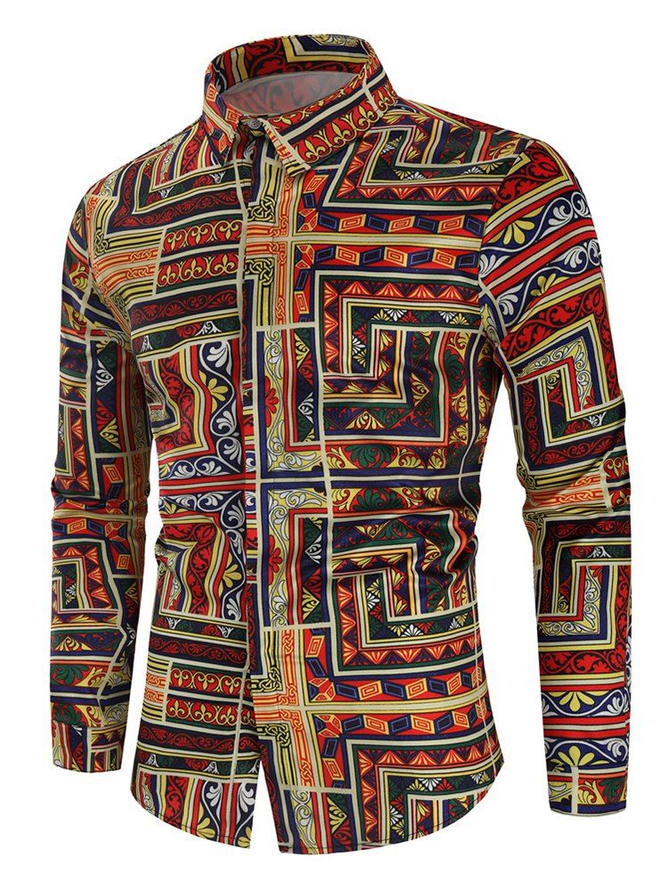

Ethnic Geometric Print Long-sleeved Shirt, Multi-c
