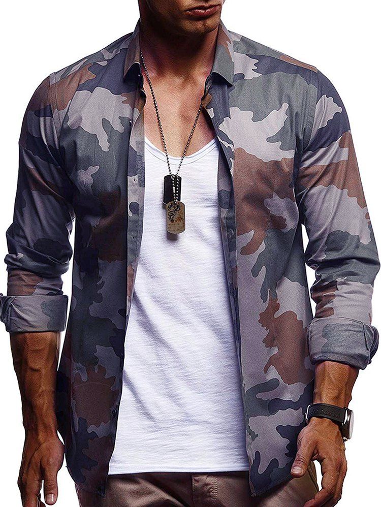 

Camouflage Print Casual Long Sleeve Shirt, Army green