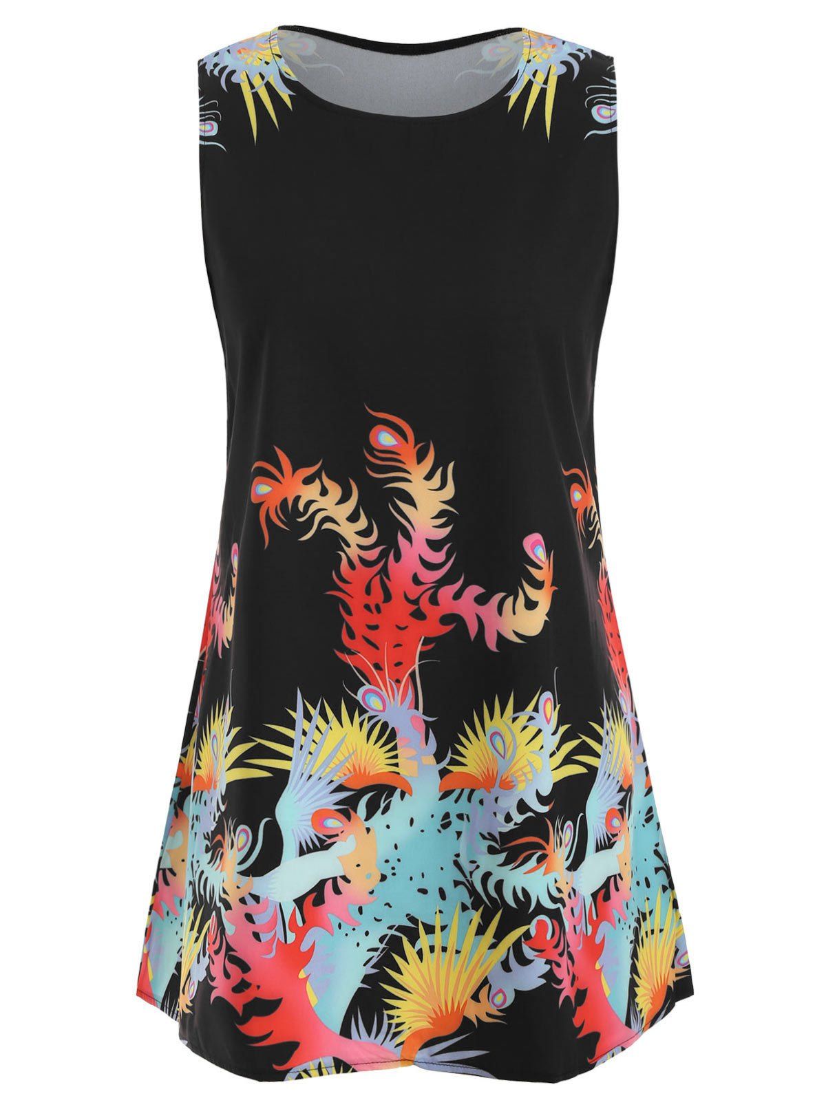 

Printed Sleeveless Round Neck Trapeze Dress, Black