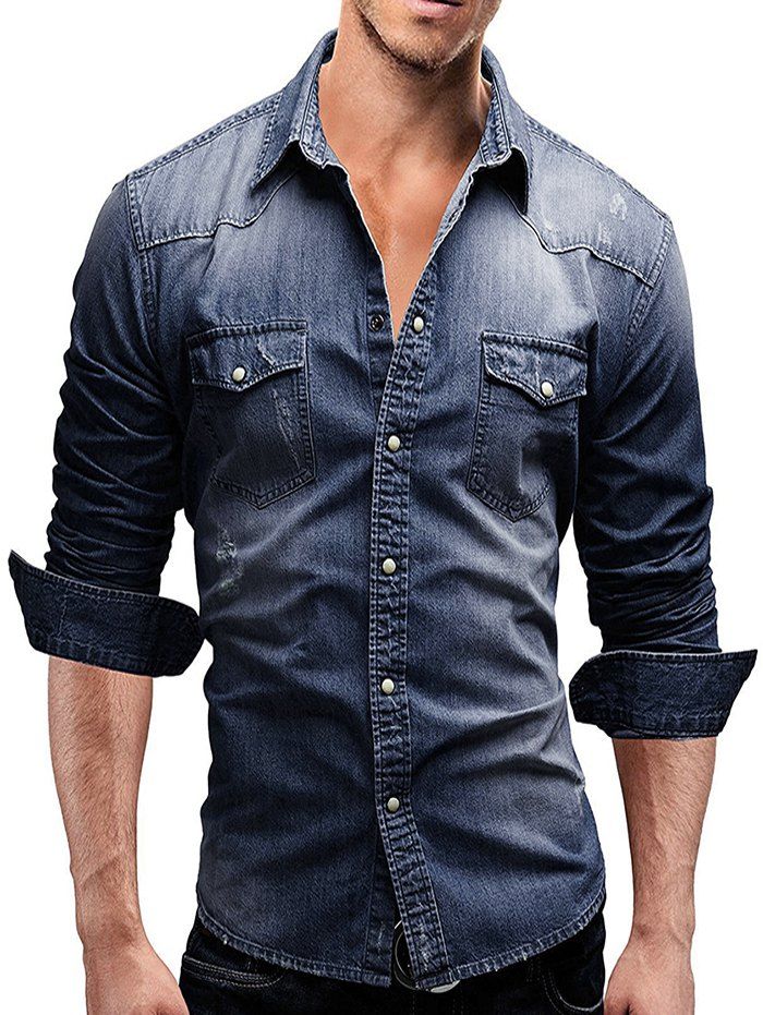 

Scratch Flap Pockets Washed Denim Shirt, Deep blue