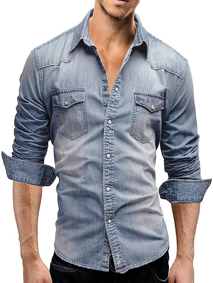 

Scratch Flap Pockets Washed Denim Shirt, Light blue