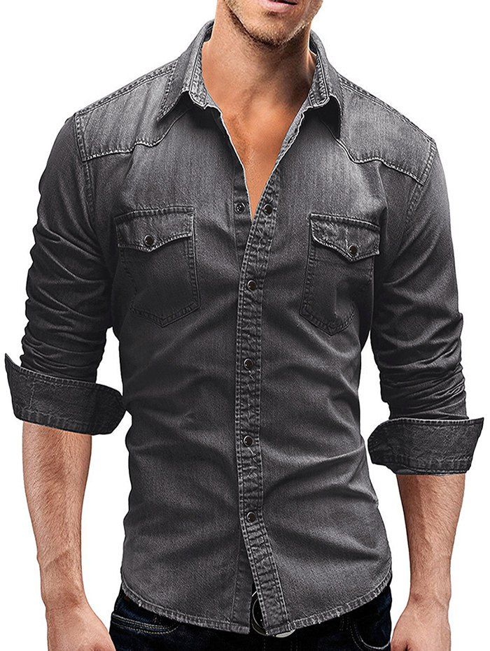 

Scratch Flap Pockets Washed Denim Shirt, Gray