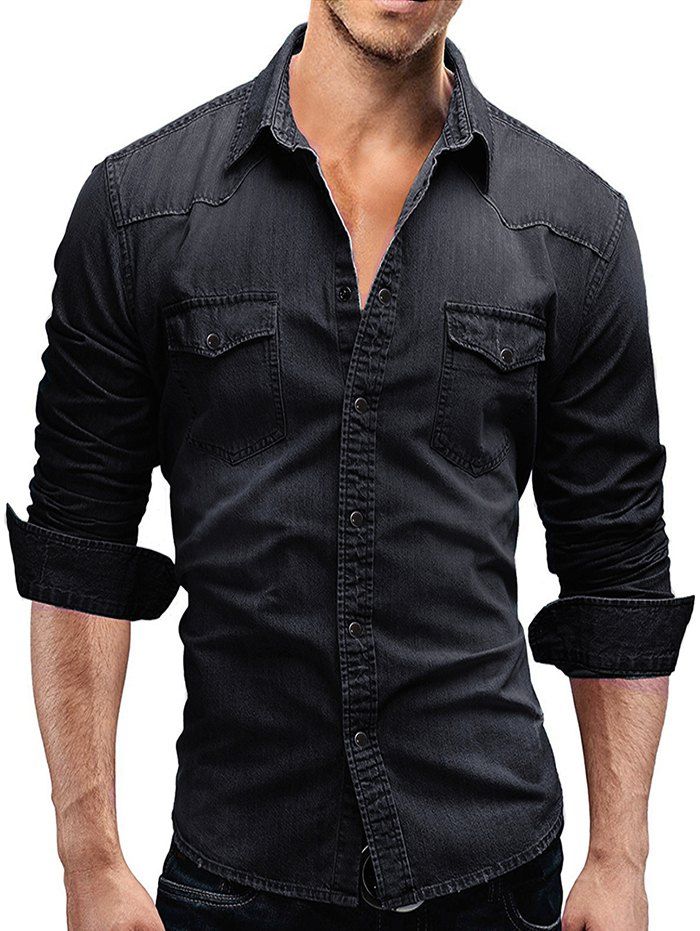 

Scratch Flap Pockets Washed Denim Shirt, Black