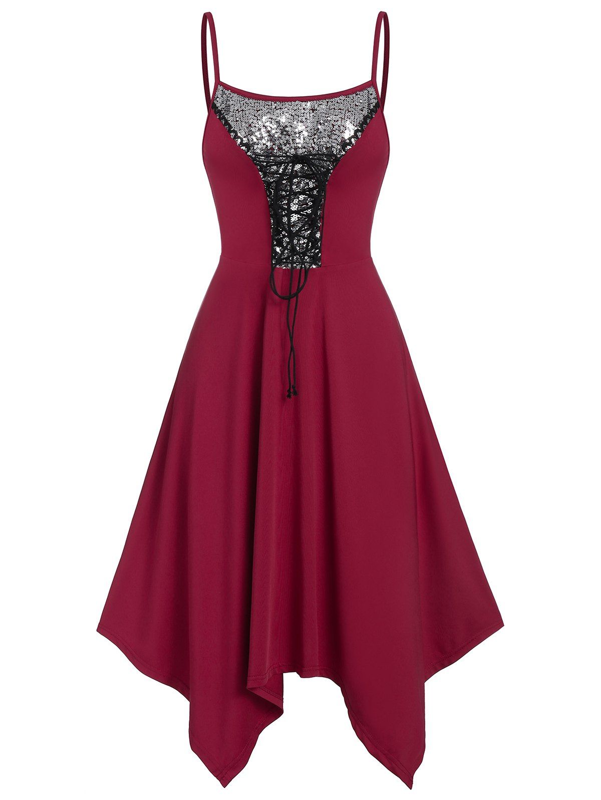 

Lace Up Sequined Midi Handkerchief Dress, Red wine