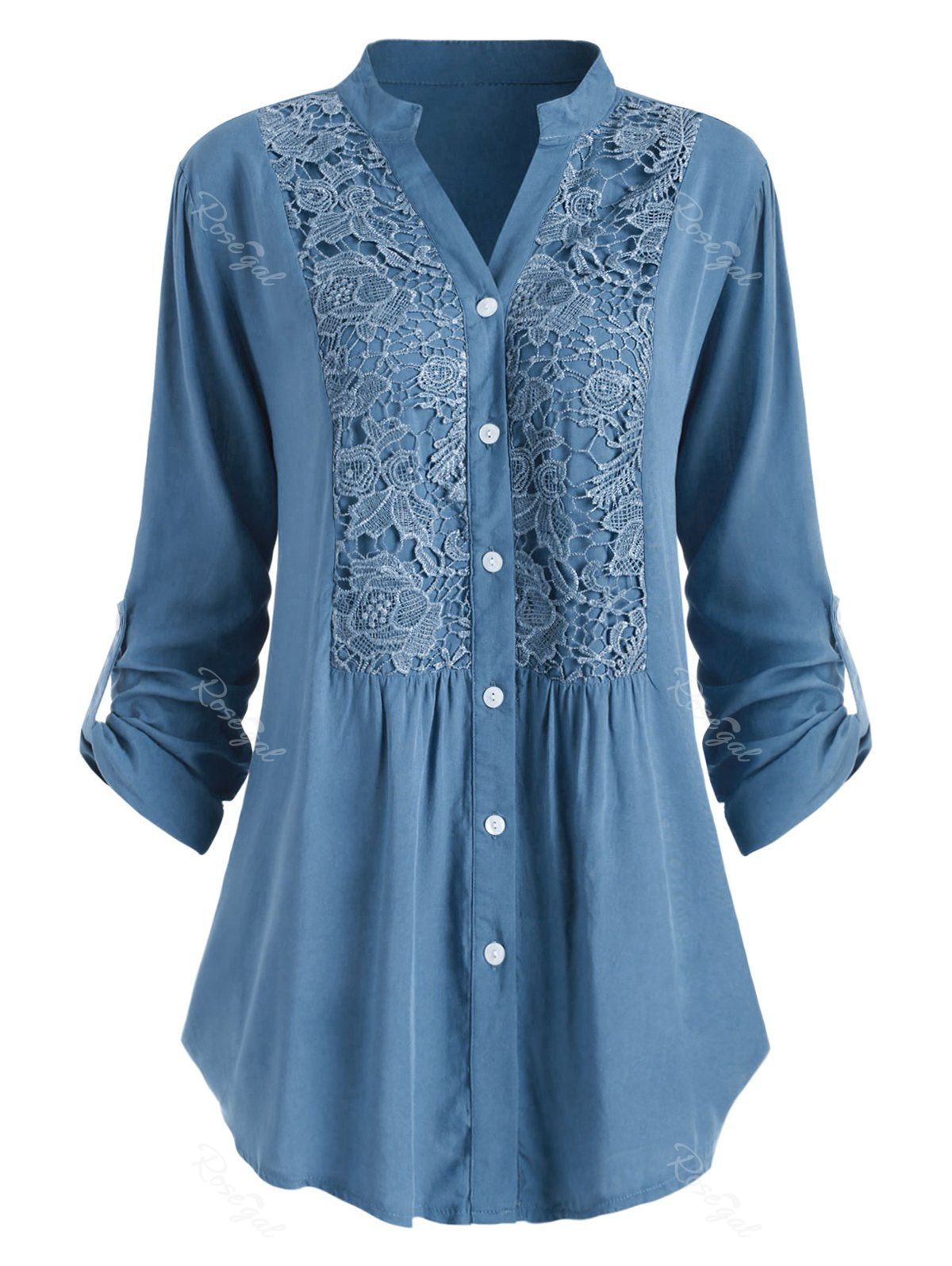 

Plus Size Roll Up Sleeve Lace Crochet Shirt, Blue